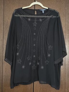 Modcloth Black Sheer Silver Beaded Star Pattern Blouse